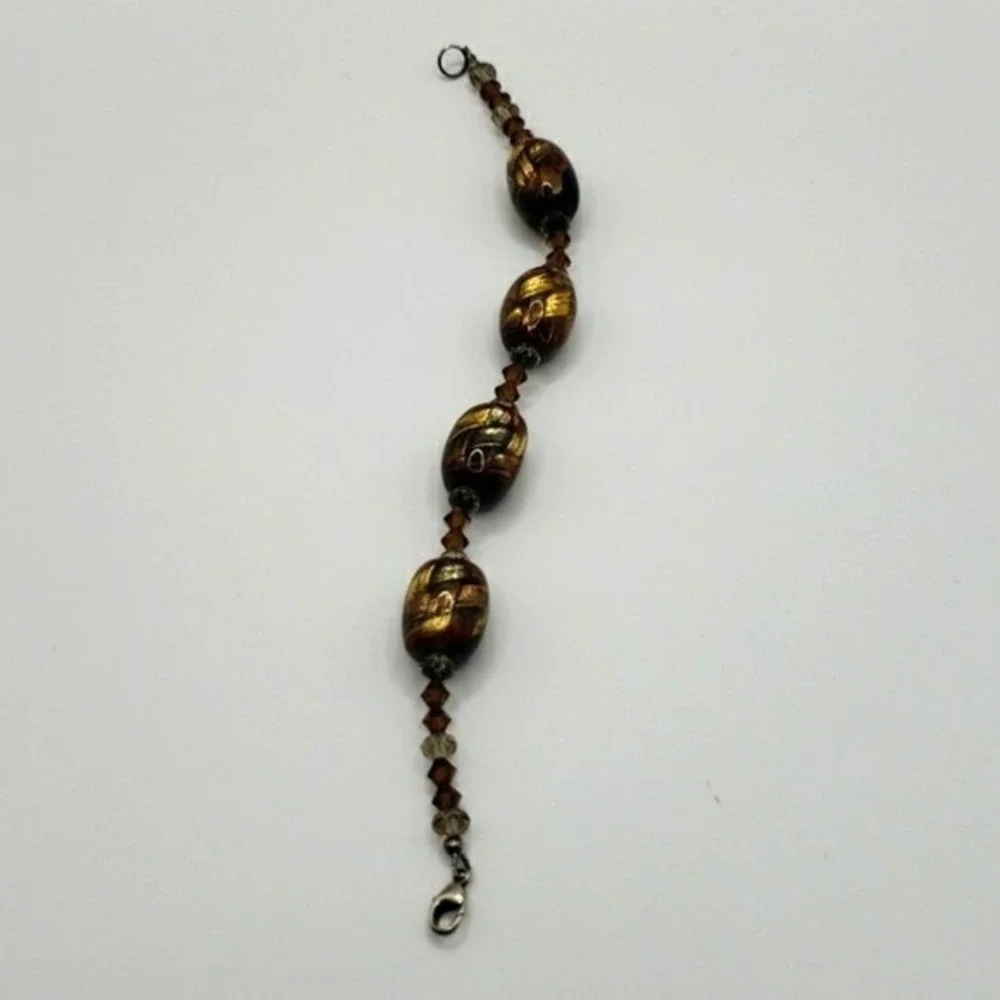 Elegant Glass Bead Bracelet Gold‎ Black Brown Crystal Accents Silver Clasp